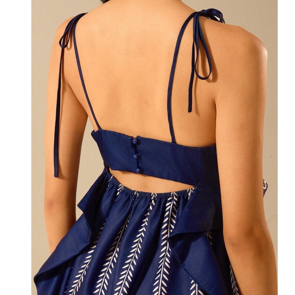 Boho Navy Blue floral Print Cut out Ruffle Maxi Dress - Picture 7 of 9